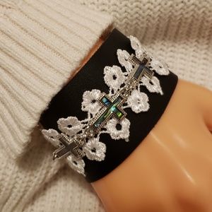 Black leather and Lace Cuff Crosses Bracelet